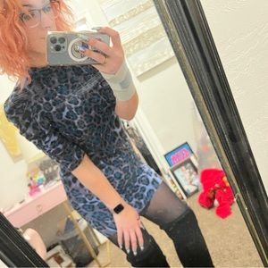 High neck mini dress in blue cheetah/leopard